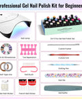 Components of Gel Nail Polish Kit With UV Lamp 24 Vibrant Colors Base Coat Glossy And Matte Top Coats Complete At Home Set