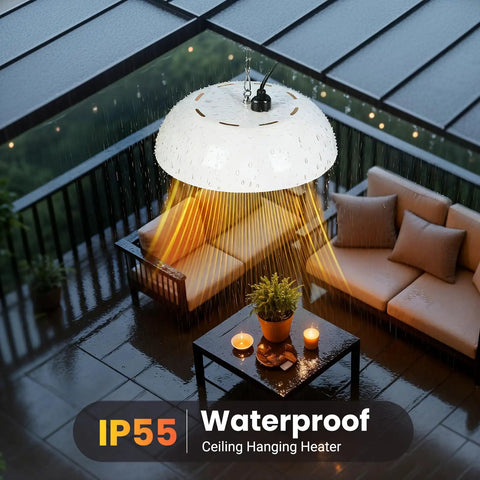 1500W Infrared Ceiling Mounted Patio Heater With 360 Degree Heat Coverage installed on a balcony during rain