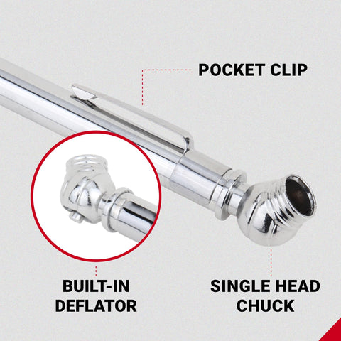 Pencil Tire Pressure Gauge 2 To 20 PSI With Built In Deflator Heavy Duty Stainless Steel Single Head Air Chuck