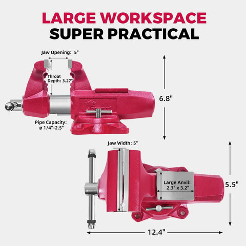 Pro Grade Heavy Duty 5 Inch Bench Vise With Anvil And 360 Degree Swivel Base Built Tough For Real World Shop Use, 5 Inch Jaw Width And Opening, Pipe Jaws From One Quarter Inch To Two And A Half Inches, 86,000 PSI Ductile Iron. red bench vise with 5-inch jaw opening, 3.27-inch throat, anvil, and swivel base