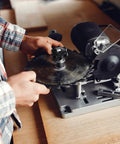 Four Pack M6 Six Star Knobs, Solid Black Nylon Screw On Through Threaded Clamps in use on a circular saw for easy adjustments.