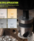 Close-up of All In One Step Drill Bit Set With Countersinks For Metal Aluminum Wood Plastic used on metal surface