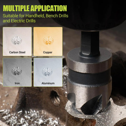Close-up of All In One Step Drill Bit Set With Countersinks For Metal Aluminum Wood Plastic used on metal surface