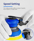 Pro Grade 5 Inch Random Orbital Palm Sander Built As A Smooth Operator Delivers Rock Solid 12000 Rpm Performance showing speed setting adjustment.