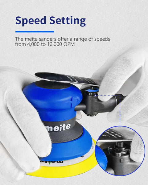 Pro Grade 5 Inch Random Orbital Palm Sander Built As A Smooth Operator Delivers Rock Solid 12000 Rpm Performance showing speed setting adjustment.