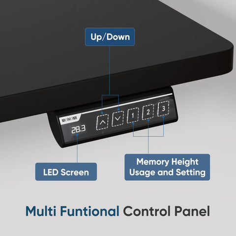 Control panel of Electric Height Adjustable Standing Desk 48 By 24 Inches with LED screen and memory settings, black top visible.