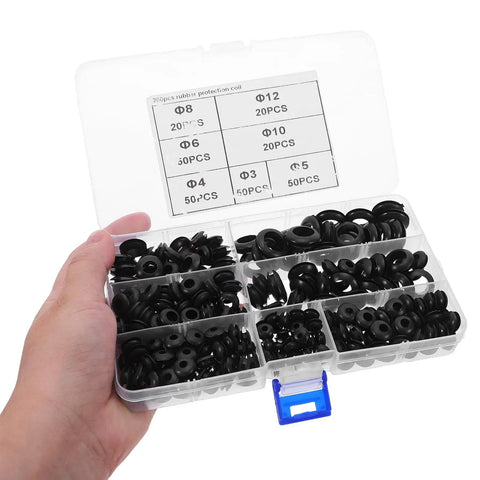Rubber Wire Harness Grommet Kit With Double Sided Waterproof Seal, 260 Pieces, Easy Install And Precise Fit For Automotive Wiring Harness, DIY Electrical Cable Grommets, Waterproof Cable Gasket Set, assorted black rubber grommets in plastic case