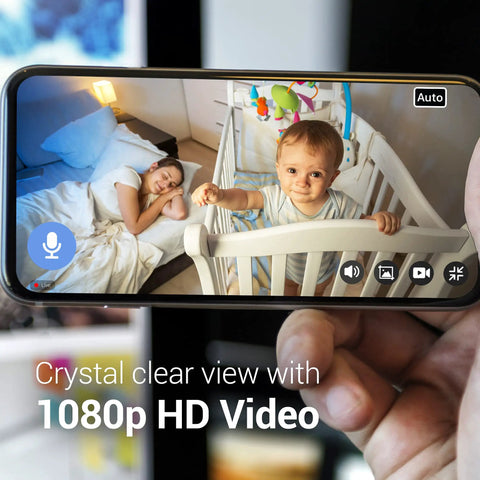 Smartphone displaying CapsuleCam Pro Baby Monitor 2 Pack Dope 1080P HD WiFi Indoor Security Cam with baby and sleeping parent view