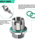 Oversize Piggyback Oil Drain Plug Kit Stainless Steel Self Tapping Oil Pan Thread Repair With O Ring And L Wrench Size M14 For Most Vehicles Stops Leaks By Rebuilding Damaged Threads And Sealing Tight, showing plug with green O ring and hexagonal base"