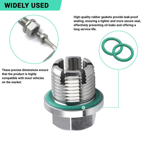 Oversize Piggyback Oil Drain Plug Kit Stainless Steel Self Tapping Oil Pan Thread Repair With O Ring And L Wrench Size M14 For Most Vehicles Stops Leaks By Rebuilding Damaged Threads And Sealing Tight, showing plug with green O ring and hexagonal base"