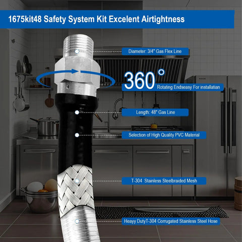 Close-up of 48 Inch Gas Hose Kit With Quick Disconnects And Three Quarter Inch Fittings in commercial kitchen