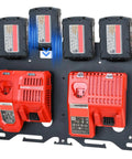 Heavy Gauge Metal Wall Mount Rack For Milwaukee 18V Battery And Dual Charger Stand With Cordless Drill Holder for organized battery storage.