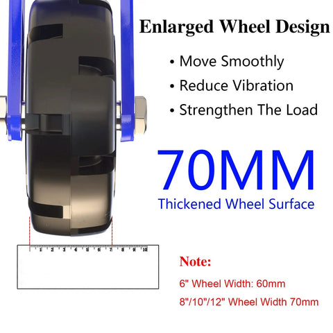 Four Pack Super Heavy Duty Swivel Caster Wheels With Brake Solid Rubber Tires on robust blue brackets, 70mm thickened wheel design.