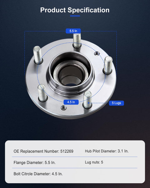 Top view of Wheel Bearing Hub Assembly With ABS Sensor Rear 5 Lug Direct Fit Replacement 512269 X2 showing 5 lugs and dimensions.