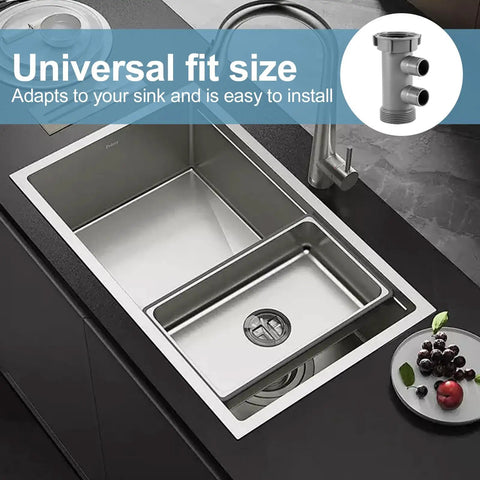Stylish kitchen sink setup with 1-1/2 inch drain adapter with four way branch and 1/4 inch filter water line connector for RO systems.