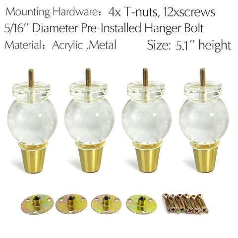 Clear Acrylic Furniture Legs Replacement Set Of 4 With Gold Metal Detail Sleek Modern Transparent DIY Sofa Feet For Cabinets TV Stands Dressers And More 5.1 Inch Tall Upgrade displayed with mounting hardware