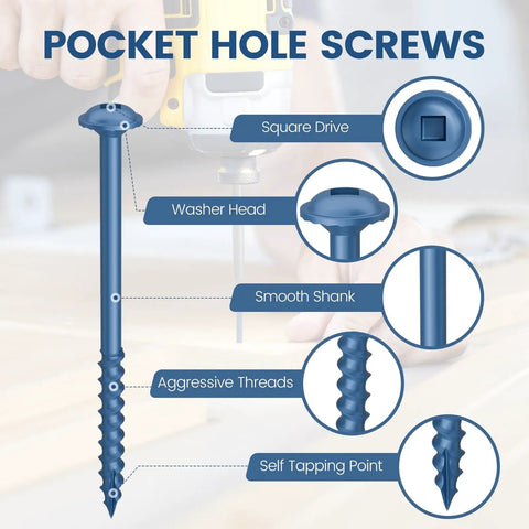 Diagram of Three Hundred Count 8 Gauge 1 1/4 Inch Pocket Hole Wood Screws With Blue Rust Resistant Washer Head features