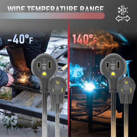 Heavy Duty 40Ft Welder Extension Cord 15 Amp 250 Volt 12 AWG With NEMA 6-50P To 6-50R, shown with temperature range -40°F to 140°F