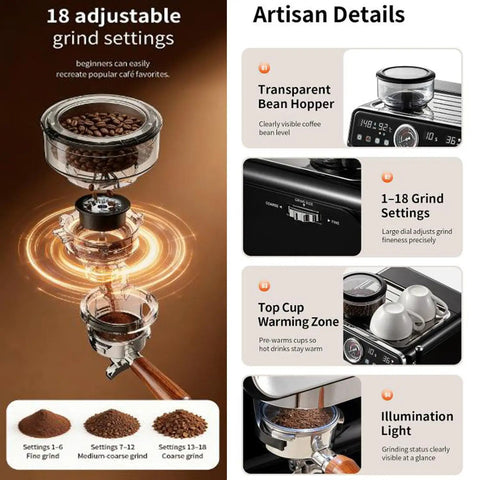 Close-up of the Premium Full Automatic Espresso Coffee Machine With Built In Grinder showing 18 adjustable grind settings and transparent bean hopper.