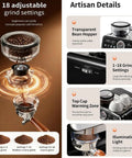 Fully Automatic Espresso Coffee Maker With Built In Grinder showing 18 adjustable grind settings and transparent bean hopper.