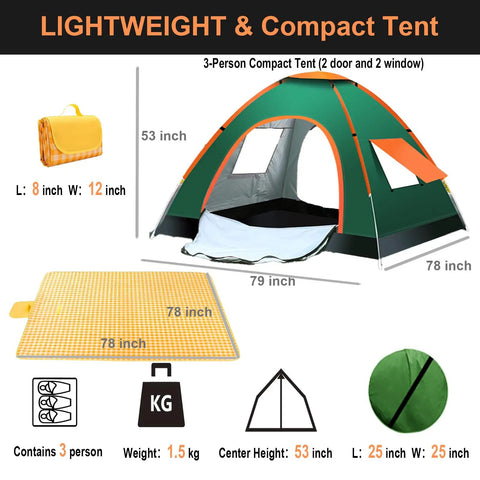 No Fuss 3 Person Pop Up Camping Tent With 80 By 80 Inch Picnic Mat waterproof automatic setup shown packed and assembled