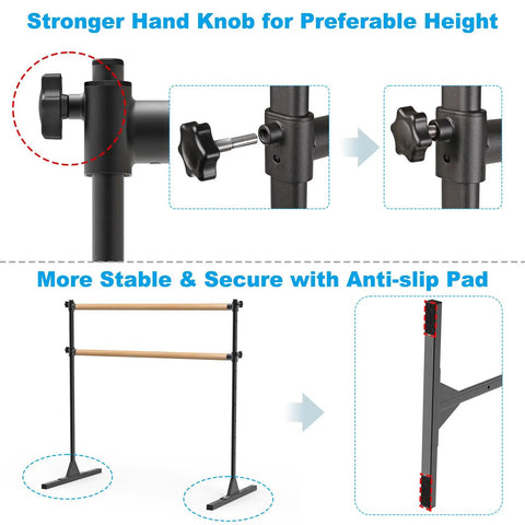 4 Foot Height Adjustable Freestanding Wooden Ballet Barre With Double Bar Heavy Duty For Your Home Gym Dance Barre Portable 350 Lb Capacity, showing adjustable hand knob and anti-slip pads for stability