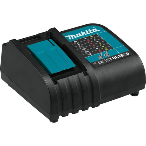 18V LXT Lithium-Ion 4.0Ah Battery And Fast Charger Starter Pack For Power Tools Pro Grade 90 Minute Charge Up To 35% More Run Time Works With 18V And 36V X2 Systems, black fast charger with teal battery slot.