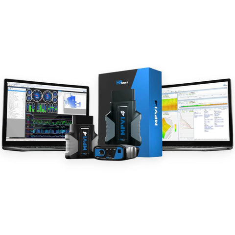 MPVI4 OBDII Diagnostic Code Reader Scanner Tool with USB Cable next to software interface displaying VCM Suite Version Five Two and Up