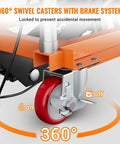 Hydraulic lift table cart with orange platform, locking wheels and red caster wheel (side view)