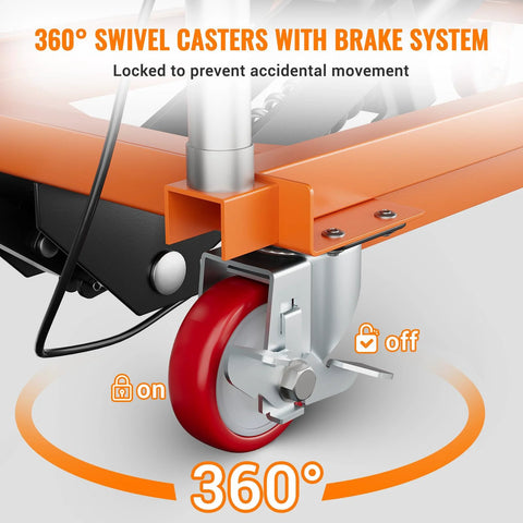 Hydraulic lift table cart with orange platform, locking wheels and red caster wheel (side view)