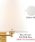 Close-up of Gold Swing Arm Wall Sconces Two Pack Plug In Brass Wall Lights With White Fabric Shade showing bulb base detail