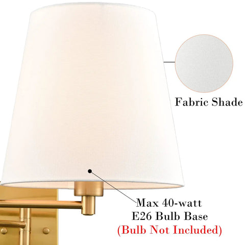 Close-up of Gold Swing Arm Wall Sconces Two Pack Plug In Brass Wall Lights With White Fabric Shade showing bulb base detail