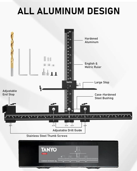 Front view of an Aluminum Cabinet Hardware Jig With Center Punch For Precise Handle And Drawer Installations Pro Grade Template Tool.
