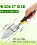 Heavy Duty Aluminum Garden Shovel And Trowel Set With Soft TPR Handle Metal Hand Spade For Digging Lawn Yard Farm Home Tools 12 Pack Small Digging Shovels Built Tough For Quick Green Thumb Sessions. Image showing hand holding a gardening trowel with size specifications.