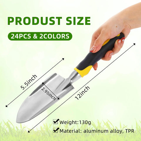 Heavy Duty Aluminum Garden Shovel And Trowel Set With Soft TPR Handle Metal Hand Spade For Digging Lawn Yard Farm Home Tools 12 Pack Small Digging Shovels Built Tough For Quick Green Thumb Sessions. Image showing hand holding a gardening trowel with size specifications.