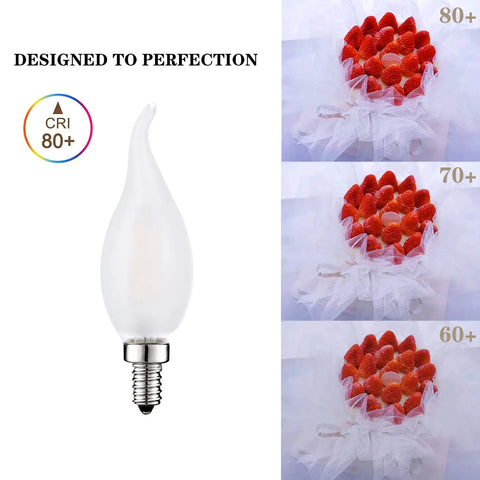 Frosted LED Flame Tip Candelabra Bulbs 60W Equivalent Dimmable 6W Soft White 3000K E12 Base, illustration of light quality by CRI 80+