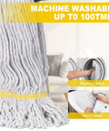 Heavy Duty Commercial Mop With 3 Extra Large Replacement Heads And A 59 Inch Long Handle, looped cotton mop head shown near washing machine