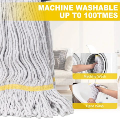 Heavy Duty Commercial Mop With 3 Extra Large Replacement Heads And A 59 Inch Long Handle, looped cotton mop head shown near washing machine