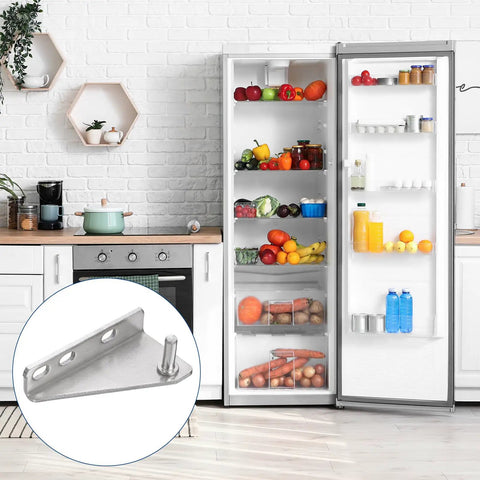 Stainless Steel Fridge Hinge Replacement With Left Shaft Zero Point Two Eight Inch Diameter And One Point Three Eight Inch Spacing Includes Screws And Bushings For Refrigerator Door Easy Install Durable Rust Resistant, shown in kitchen with an open fridge.