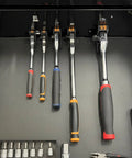 Magnetic Ratchet Holder Set For Toolbox with 3 modular holders mounted, holding one quarter, three eighths, and one half inch wrenches.