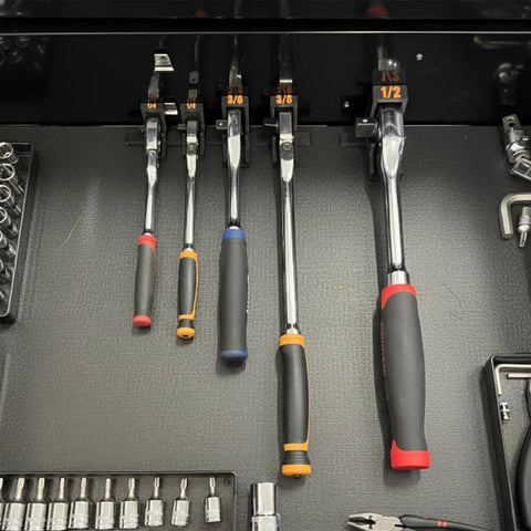Magnetic Ratchet Holder Set For Toolbox with 3 modular holders mounted, holding one quarter, three eighths, and one half inch wrenches.