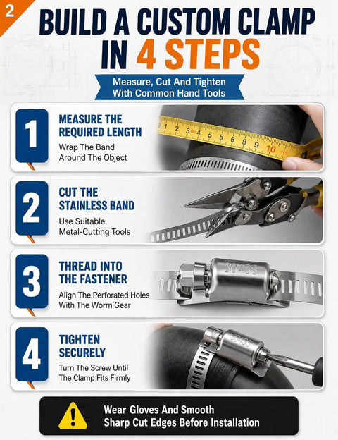 Buy Custom Cut Stainless Steel Hose Clamp By The Foot Roll For Pipe And Radiator Hosing With Heavy Duty Worm Gear Screw Lock For Any DIY Fix Or Pro Job On Ducts And Tubes, clamp install steps