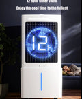 Beat The Heat With This Straight Up Windowless Portable Air Cooler And Evaporative Swamp Cooling System showing timer display in a living room.