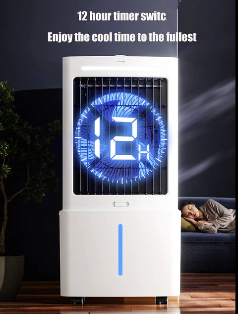 Beat The Heat With This Straight Up Windowless Portable Air Cooler And Evaporative Swamp Cooling System showing timer display in a living room.