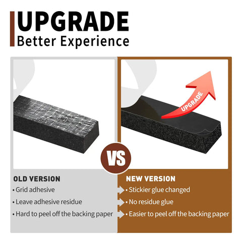 Comparison image showing Rock Solid Open Cell Foam Tape Self Adhesive. Old version vs. new version for better sound insulation.