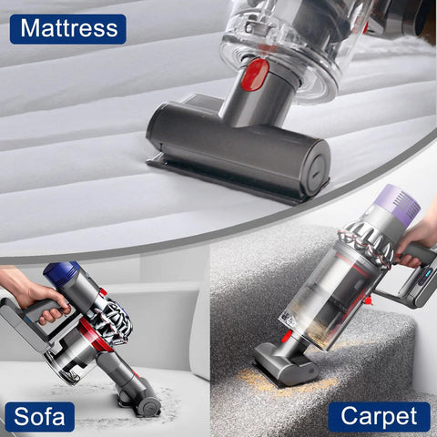Mini Motorized Vacuum Attachment For Dyson V7 V8 V10 V11 V15 Cordless Stick Vacuums in use on mattress, sofa, and carpet