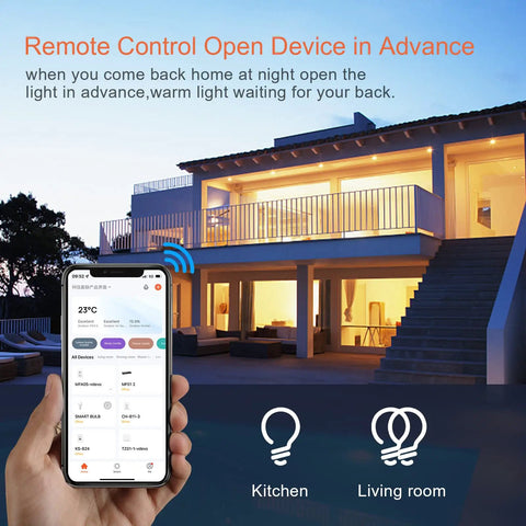 Smartphone controlling Two Gang WiFi Smart Light Switch With Alexa And Google Assistant, showing house with lights on.