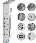 6-Mode Shower Panel System with Rainfall, Waterfall & 4 Body Massage Jets showcasing control buttons and different spray heads.
