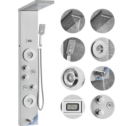 6-Mode Shower Panel System with Rainfall, Waterfall & 4 Body Massage Jets showcasing control buttons and different spray heads.