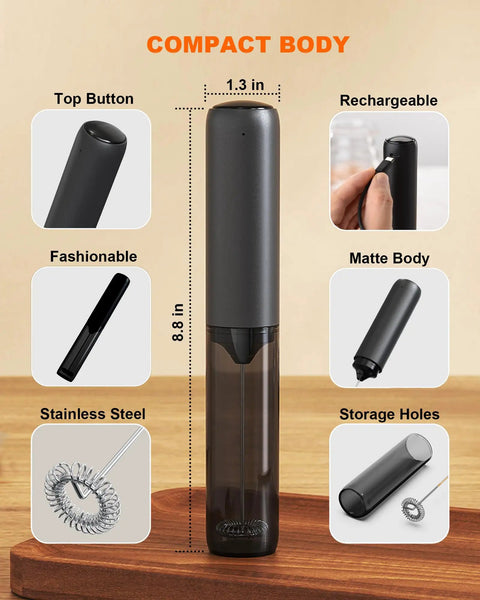Rechargeable Milk Frother Wand With Cover Electric Drink Mixer With Stainless Steel Whisk Portable Handheld Frother